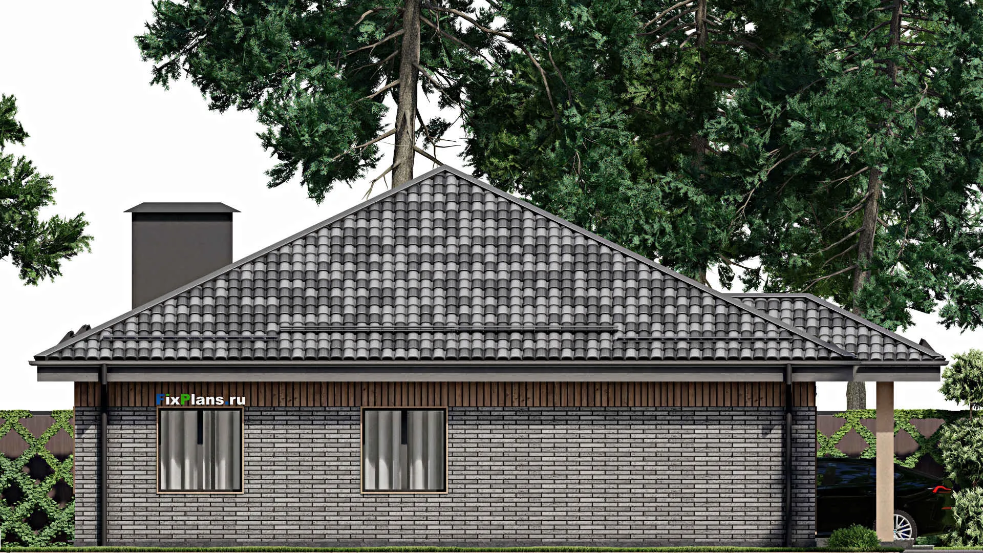 F-7694 - Проект одноэтажного дома 15 на 16, площадью 170 м² с террасой, баней и 3 спальнями