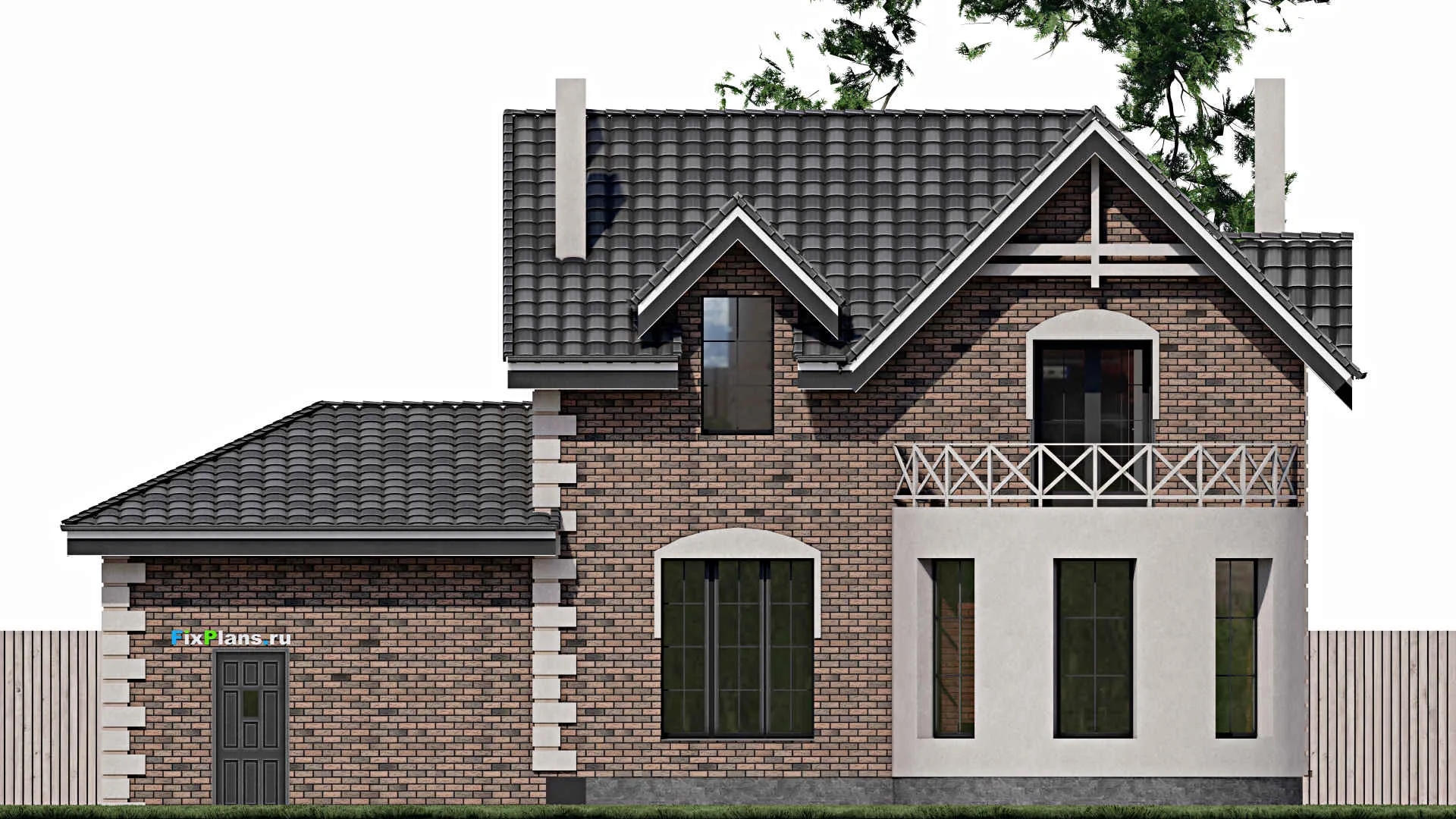 F-0890 - Проект дома с мансардой 15 на 16, площадью 210 м² с балконом, гаражом на 1 машину и 4 спальнями