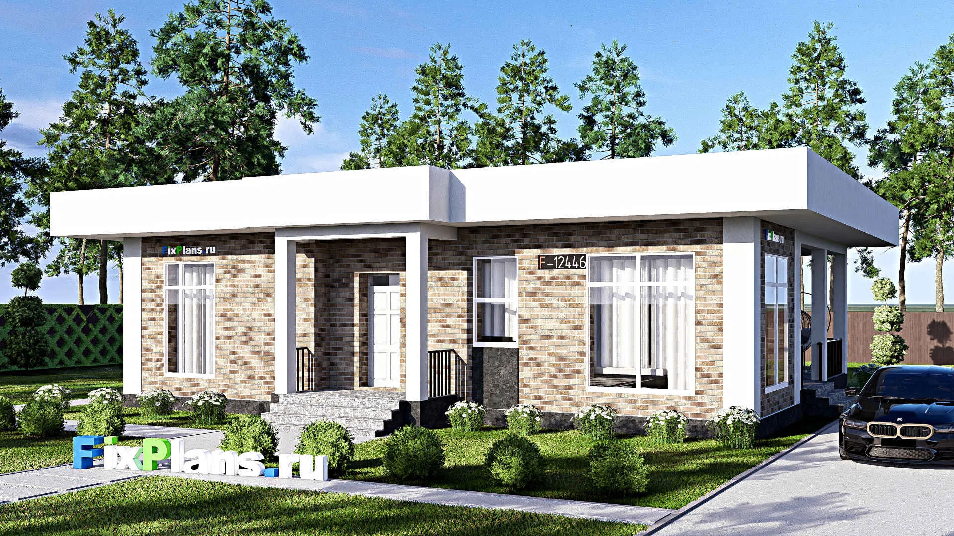 F-12446 - Проект одноэтажного дома 13 на 15, площадью 130 м² с террасой и 3 спальнями