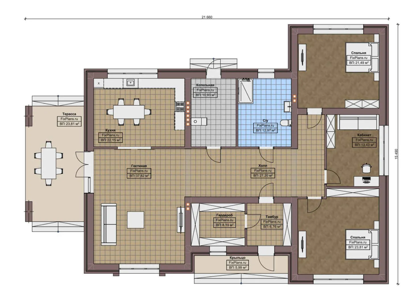 F-9935 - План одноэтажного дома 16 на 22, площадью 220 м² с террасой и 2 спальнями