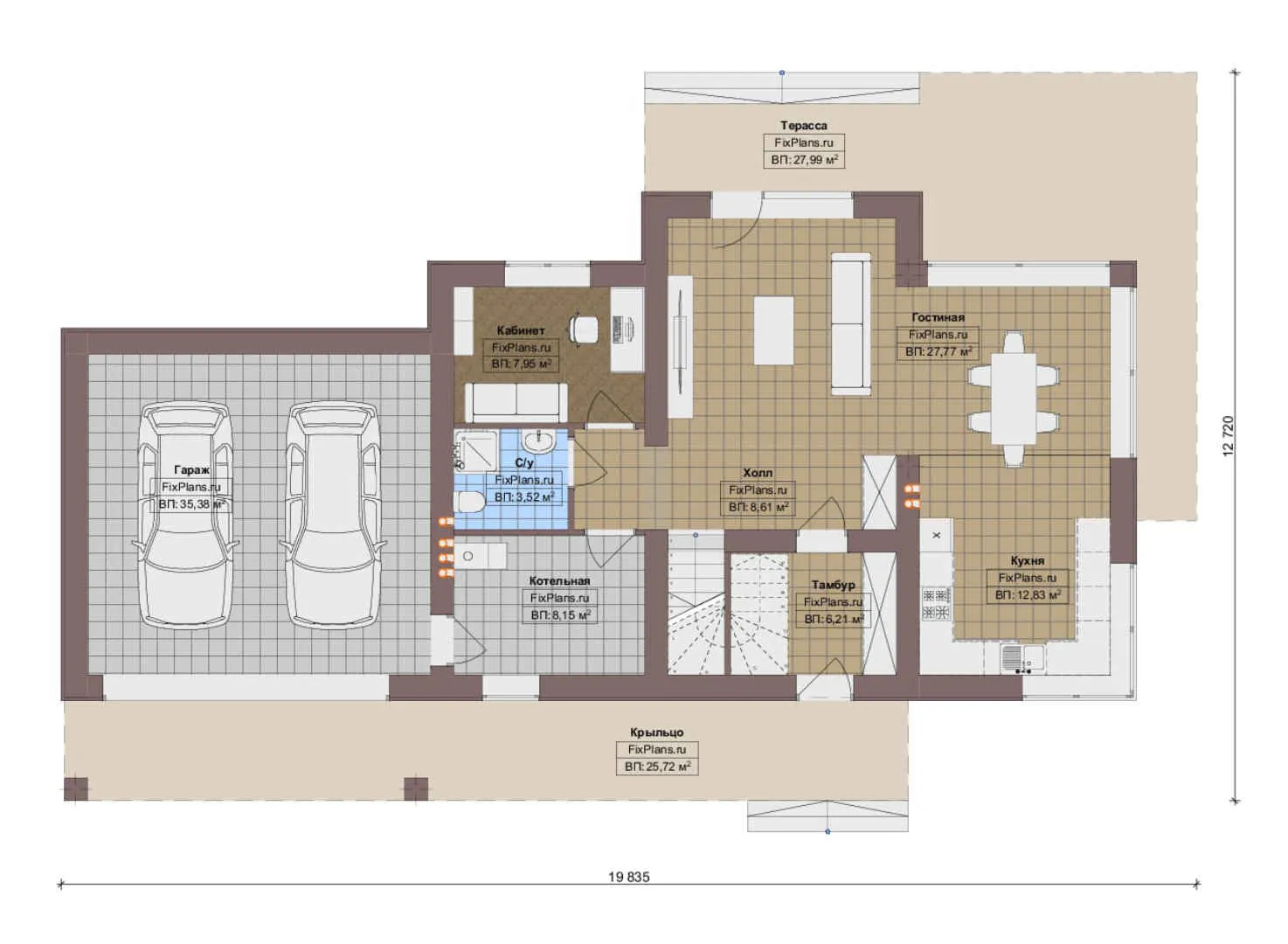 F-15956 - Планы дома с мансардой 13 на 20, площадью 240 м² с террасой, гаражом на 2 машины и 4 спальнями