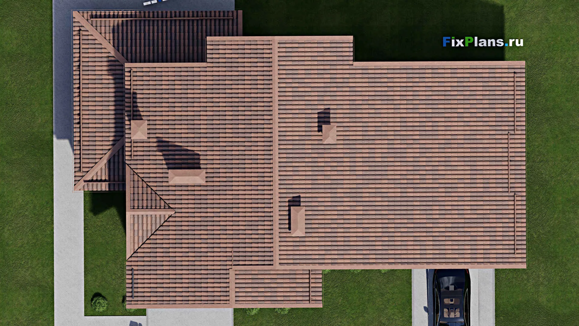 F-10520 - Планы дома с мансардой 14 на 22, площадью 270 м² с террасой, балконом, гаражом на 2 машины и 4 спальнями