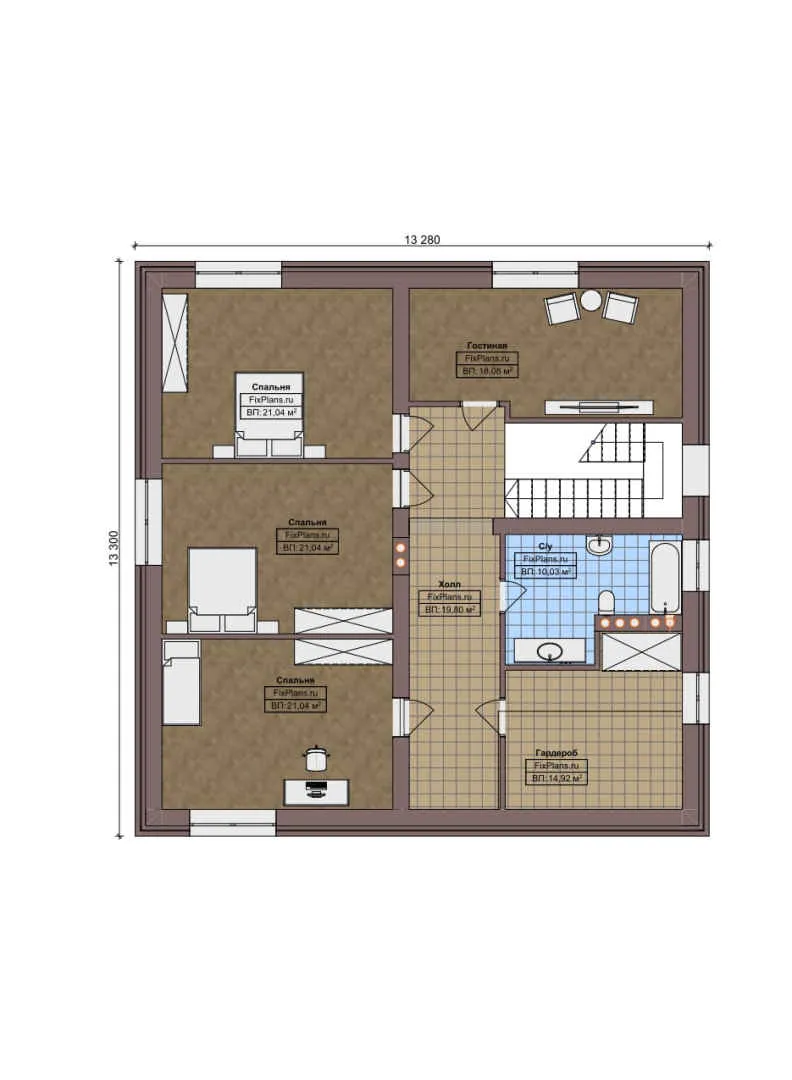 F-8288 - Планы двухэтажного дома 14 на 22, площадью 320 м² с террасой, гаражом на 1 машину и 5 спальнями