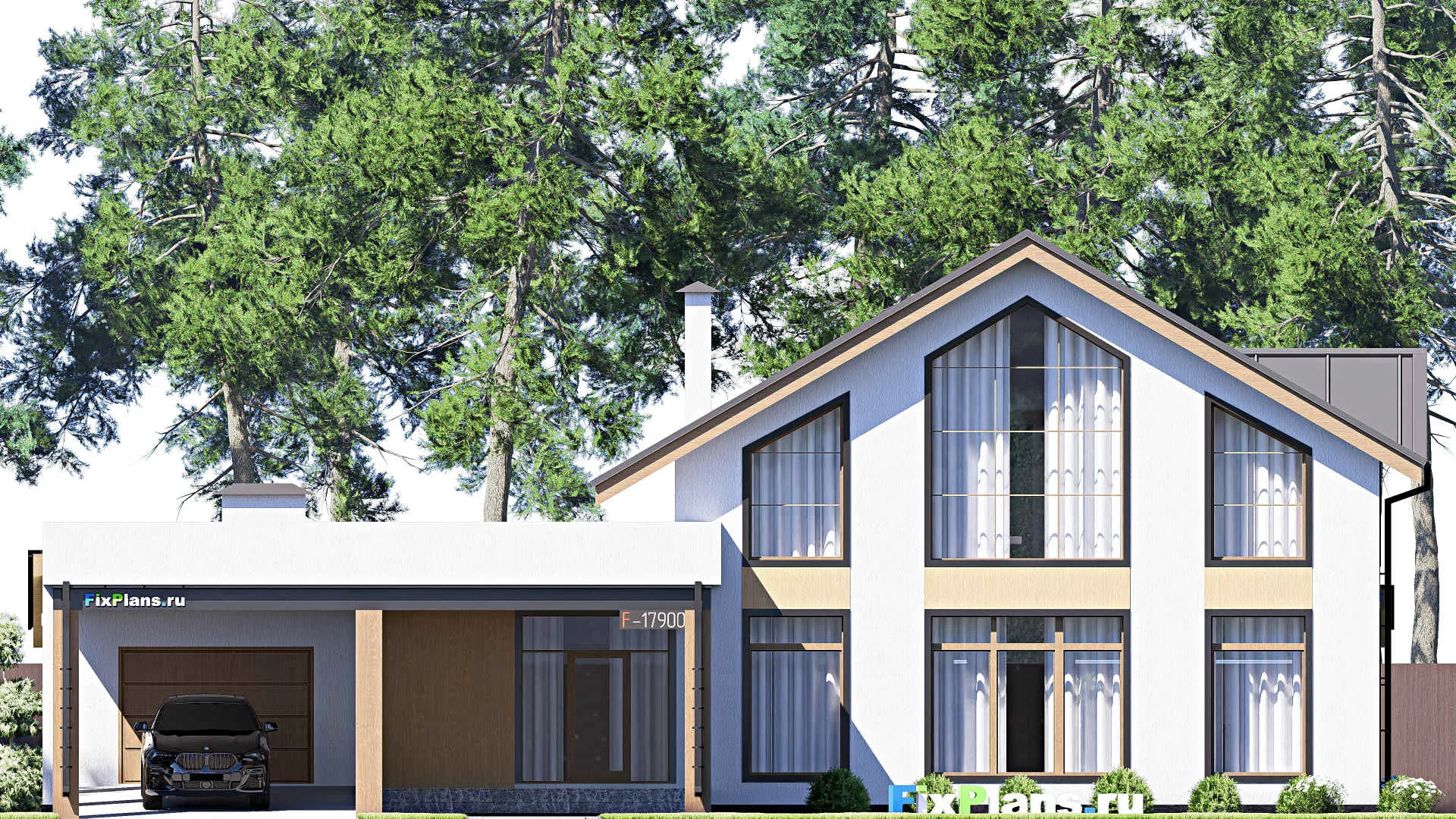 F-17900 - Проект дома с мансардой 21 на 24, площадью 380 м² с террасой, гаражом на 2 машины и 2 спальнями