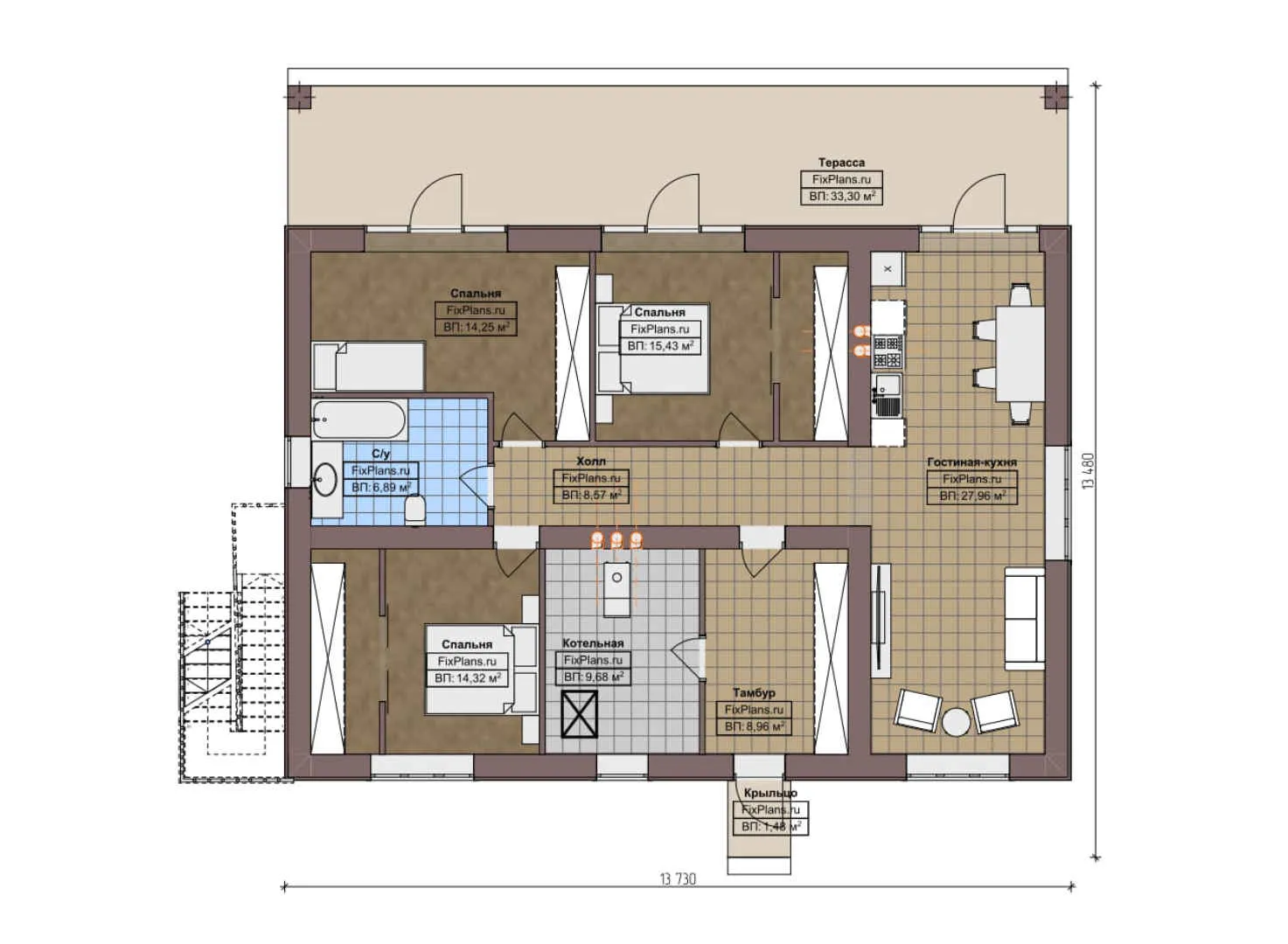 F-5201 - План одноэтажного дома 14 на 14, площадью 150 м² с террасой и 3 спальнями