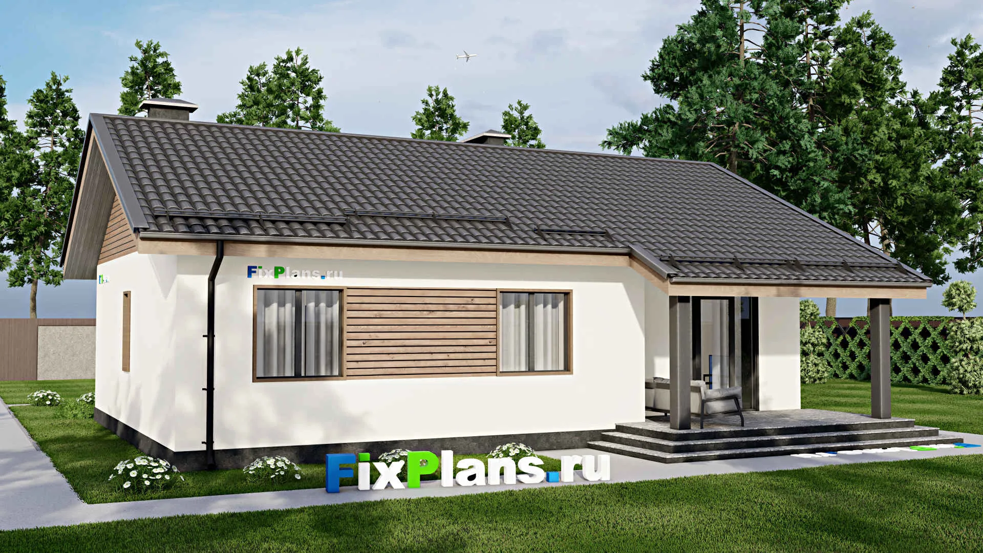 F-4859 - Проект одноэтажного дома 10 на 13, площадью 110 м² с террасой и 3 спальнями