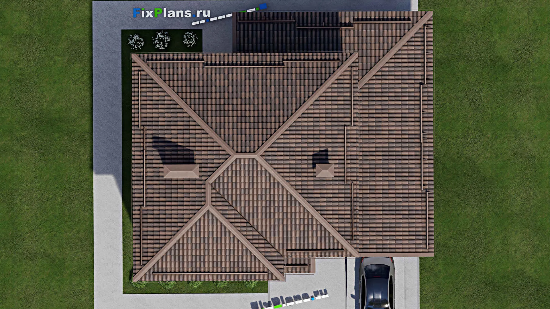 F-12095 - Проект двухэтажного дома 13 на 15, площадью 200 м² с террасой, гаражом на 1 машину и 3 спальнями