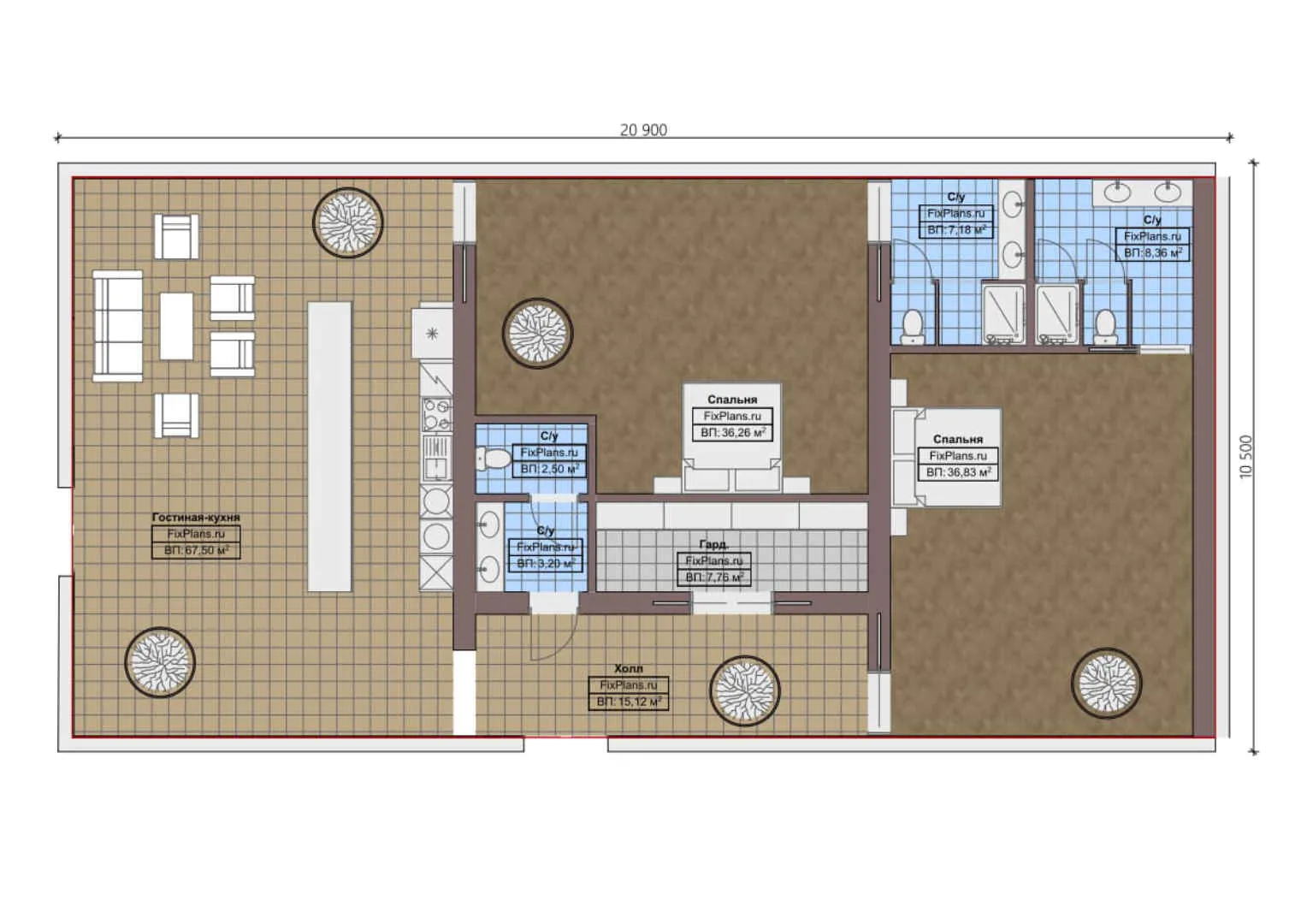 F-0494 - План одноэтажного дома 11 на 21, площадью 190 м² с 2 спальнями