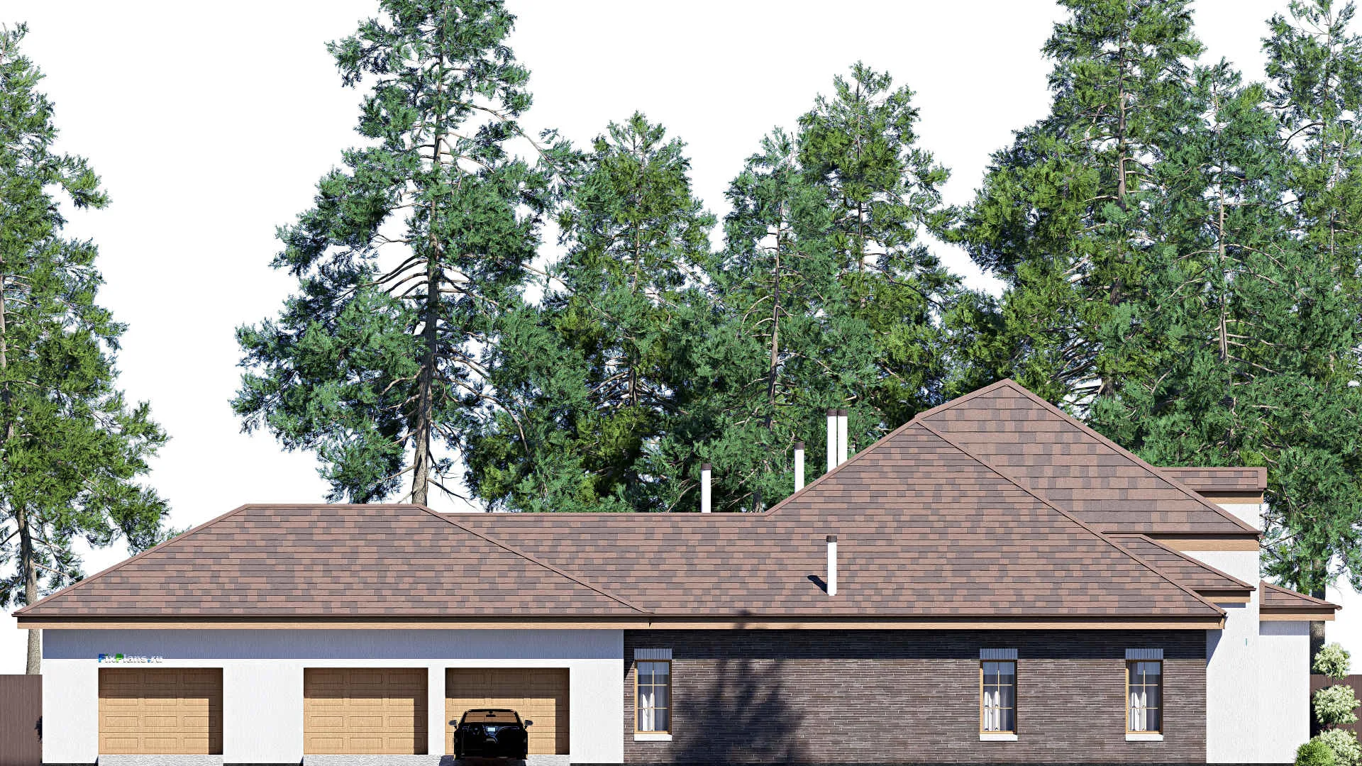 F-19925 - План одноэтажного дома 31 на 31, площадью 470 м² с террасой, гаражом на 2 машины и 4 спальнями