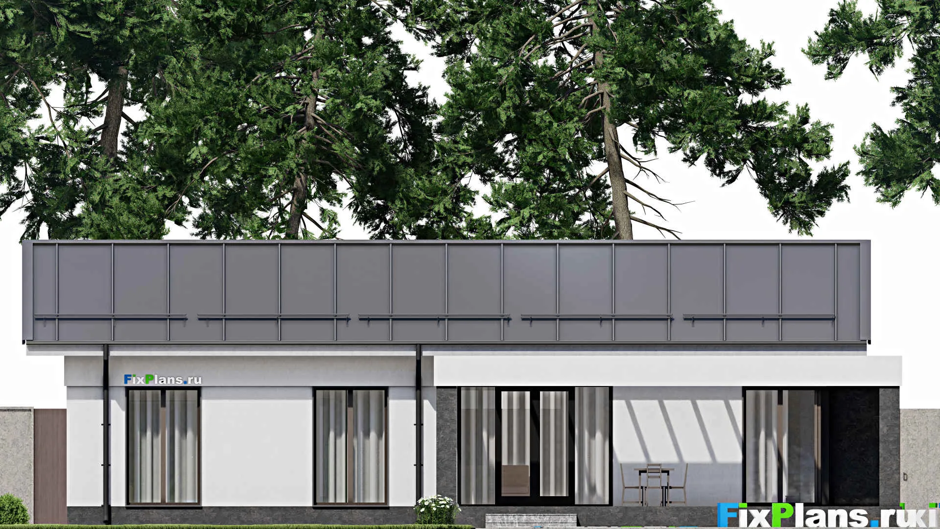 F-1934 - Проект одноэтажного дома 9 на 16, площадью 130 м² с террасой и 4 спальнями