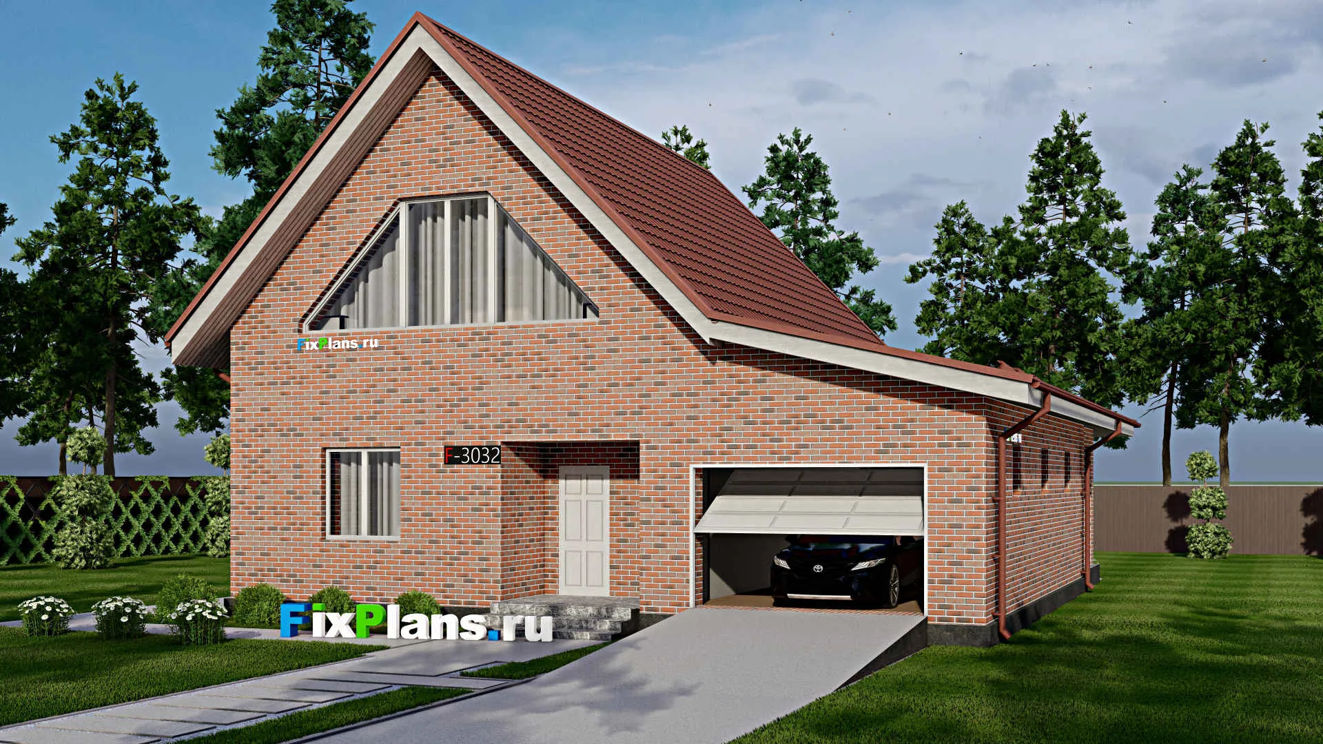 F-3032 - Проект дома с мансардой 13 на 15, площадью 210 м² с террасой, гаражом на 2 машины и 3 спальнями