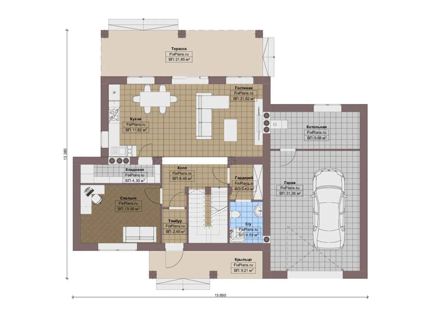 F-13733 - Планы двухэтажного дома 14 на 16, площадью 260 м² с террасой, гаражом на 1 машину и 4 спальнями