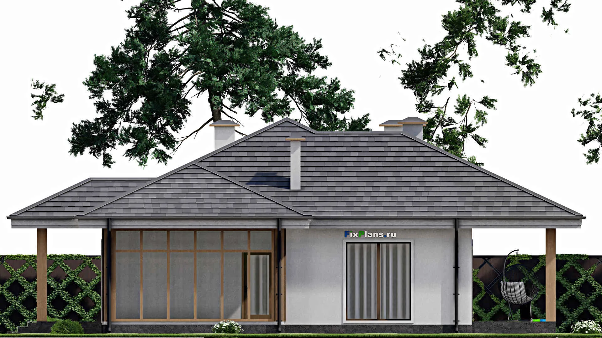 F-8450 - Проект одноэтажного дома 16 на 21, площадью 210 м² с террасой и 6 спальнями