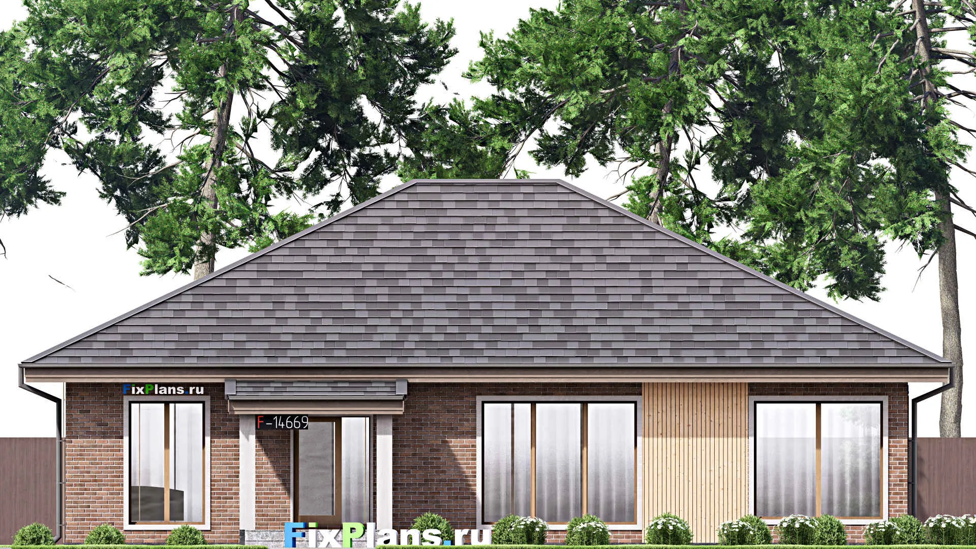 F-14669 - Проект одноэтажного дома 15 на 16, площадью 310 м² с террасой, цокольным этажом и 4 спальнями