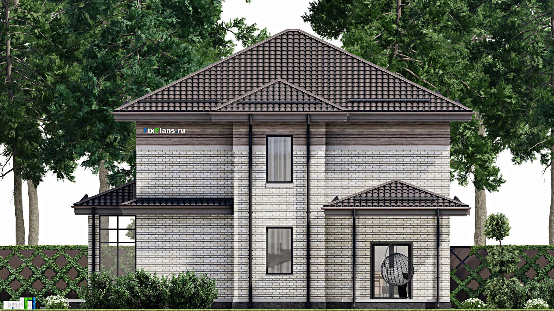 F-2708 - Проект двухэтажного дома 12 на 19, площадью 280 м² с террасой, гаражом на 2 машины и 4 спальнями