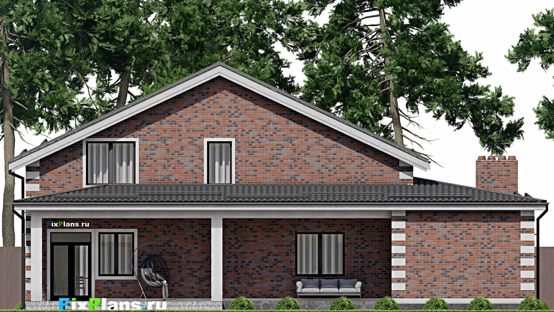 F-2483 - Проект дома с мансардой 14 на 19, площадью 300 м² с террасой, баней, гаражом на 1 машину и 4 спальнями