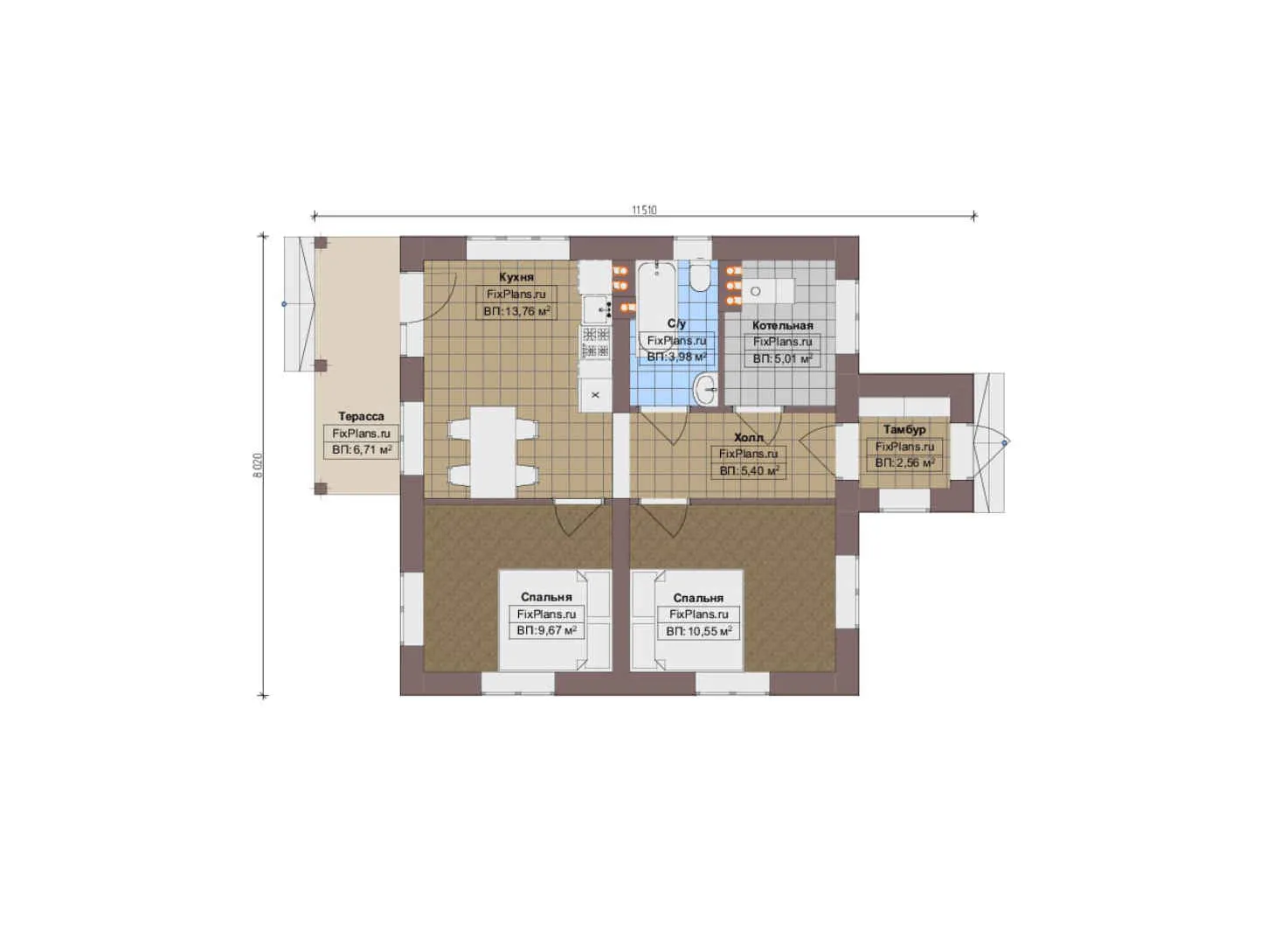 F-13310 - План одноэтажного дома 9 на 12, площадью 60 м² с террасой и 2 спальнями