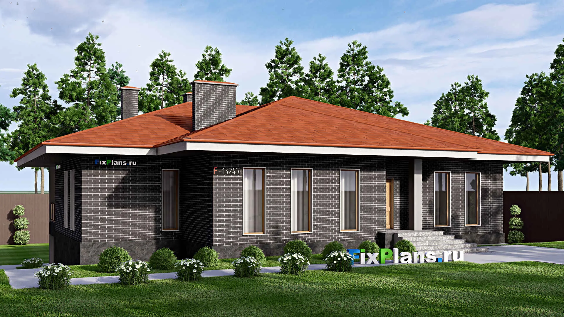 F-13247 - Проект одноэтажного дома 18 на 19, площадью 380 м² с террасой, цокольным этажом, спортзалом и 4 спальнями