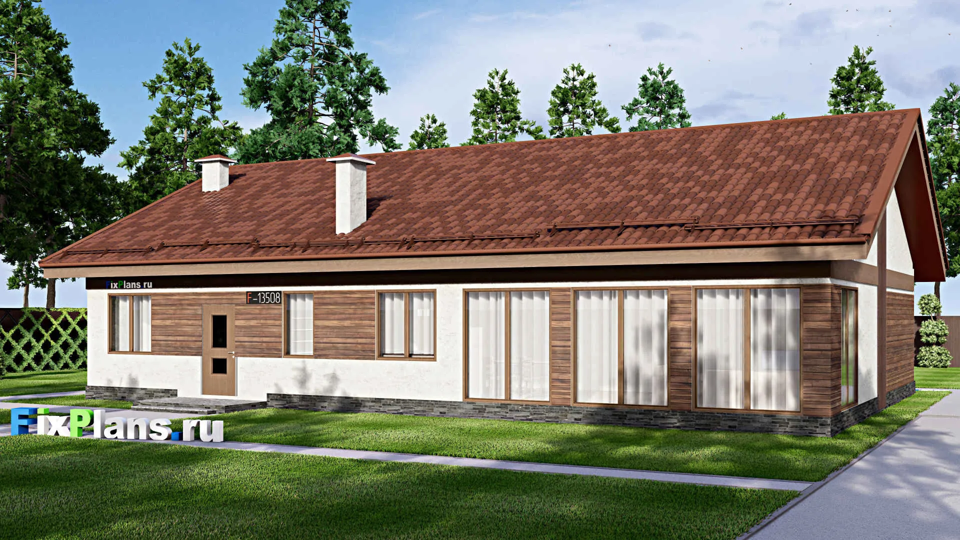 F-13508 - Проект одноэтажного дома 14 на 18, площадью 190 м² с террасой и 4 спальнями