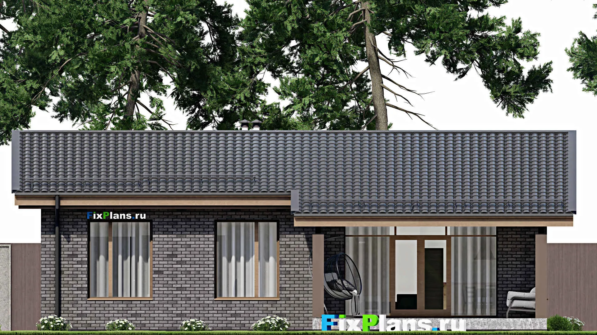 F-9917 - Проект одноэтажного дома 14 на 14, площадью 130 м² с террасой и 3 спальнями