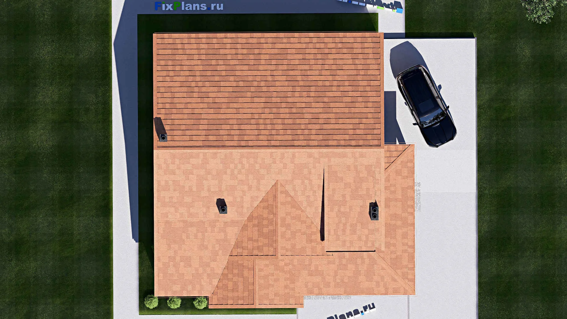 F-17153 - Проект одноэтажного дома 15 на 16, площадью 170 м² с террасой, гаражом на 1 машину и 2 спальнями