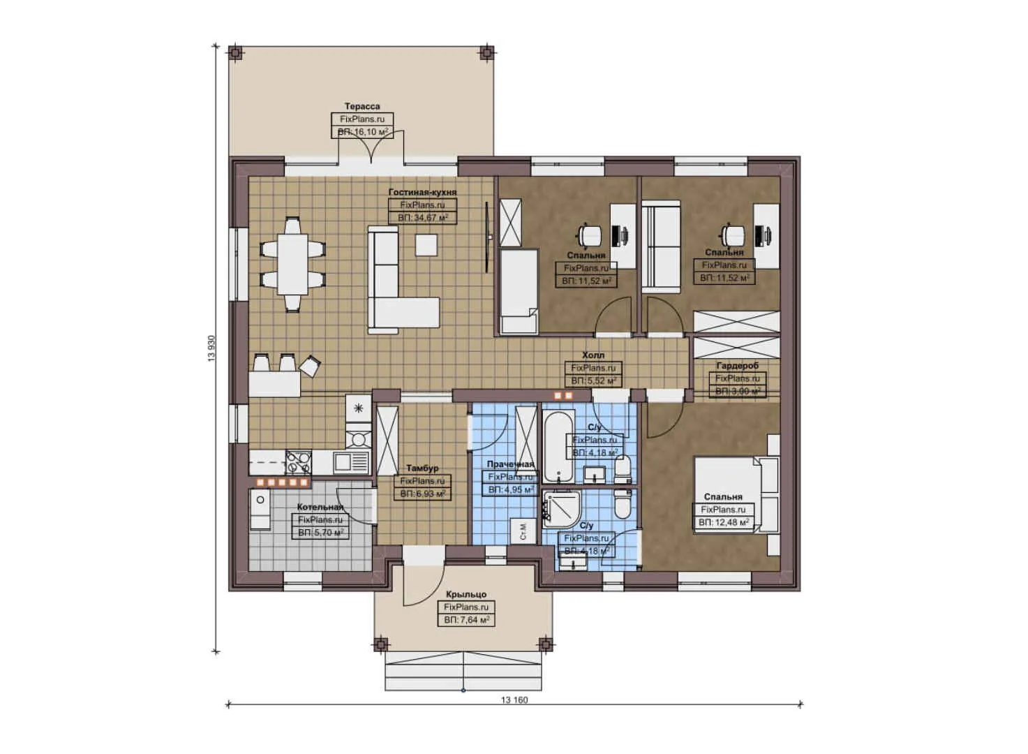 F-9917 - План одноэтажного дома 14 на 14, площадью 130 м² с террасой и 3 спальнями