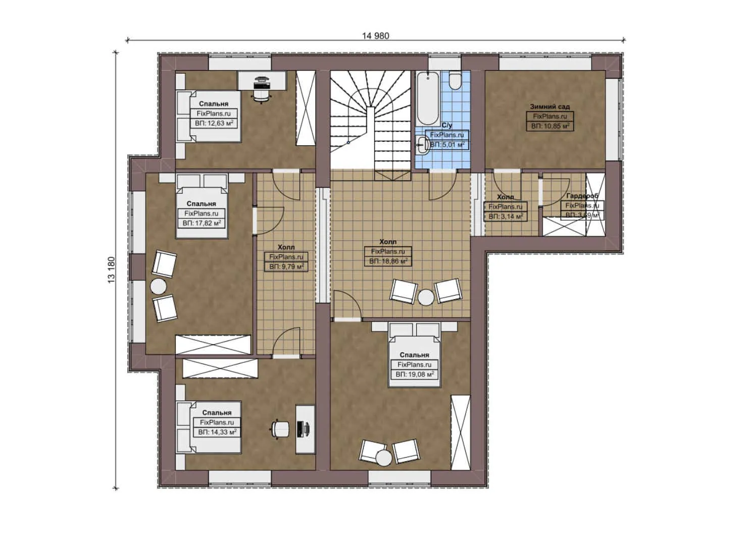 F-2537i - Планы двухэтажного дома 16 на 17, площадью 290 м² с террасой, гаражом на 1 машину и 5 спальнями