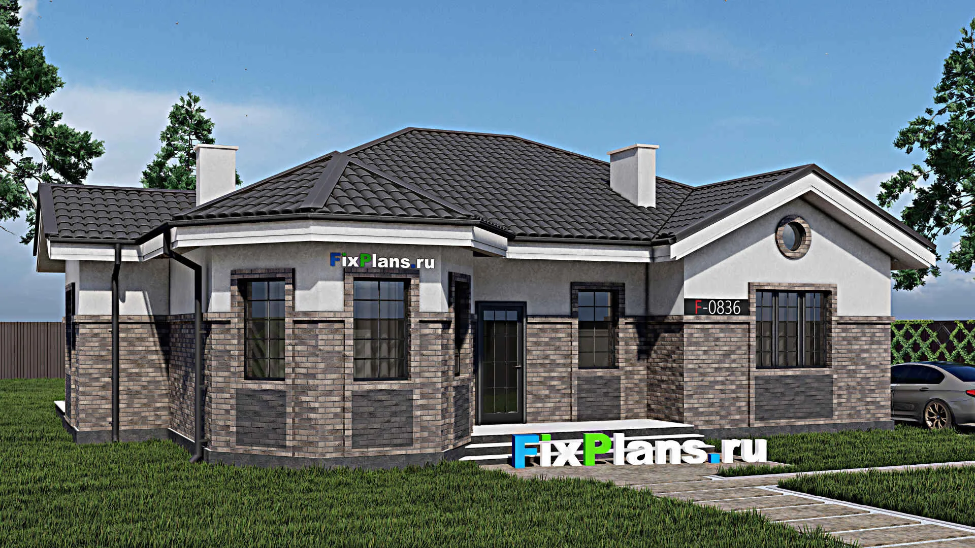 F-0836 - Проект одноэтажного дома 14 на 15, площадью 130 м² с террасой и 3 спальнями