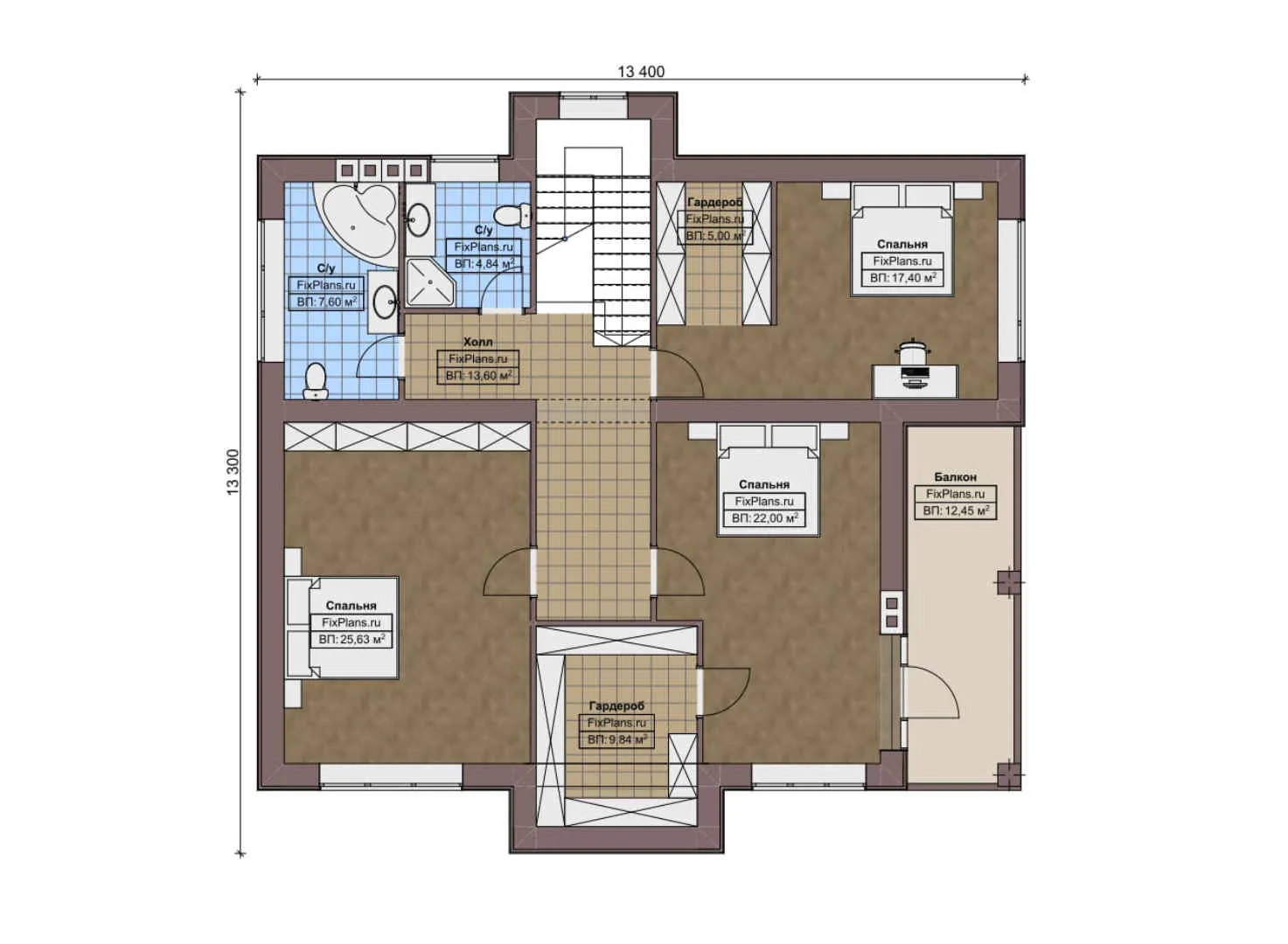 F-7955 - Планы двухэтажного дома 14 на 15, площадью 270 м² с террасой, балконом и 4 спальнями