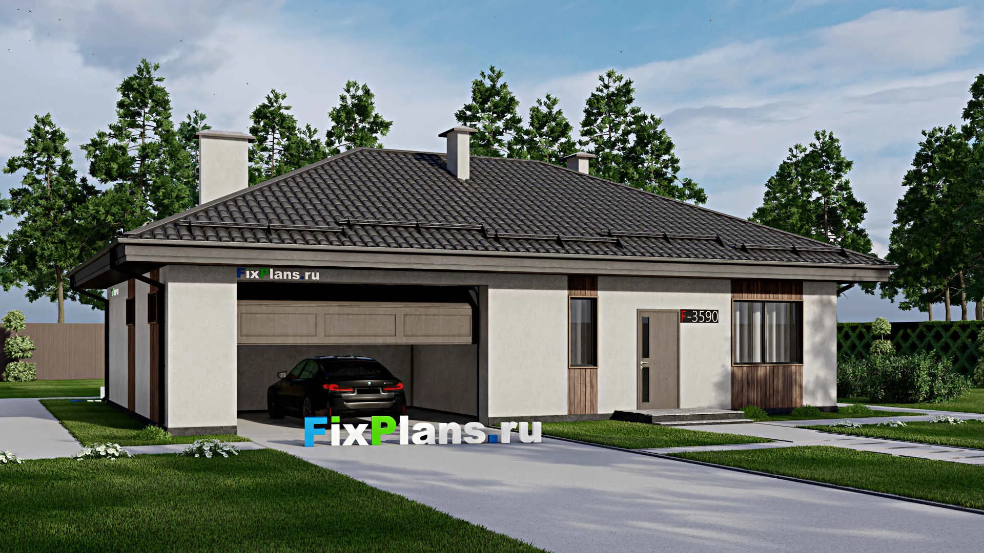 F-3590 - Проект одноэтажного дома 11 на 16, площадью 130 м² с гаражом на 2 машины и 2 спальнями