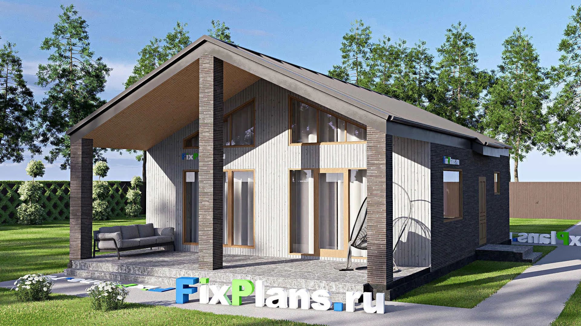 F-18044 - План одноэтажного дома 10 на 14, площадью 100 м² с террасой и 1 спальнями