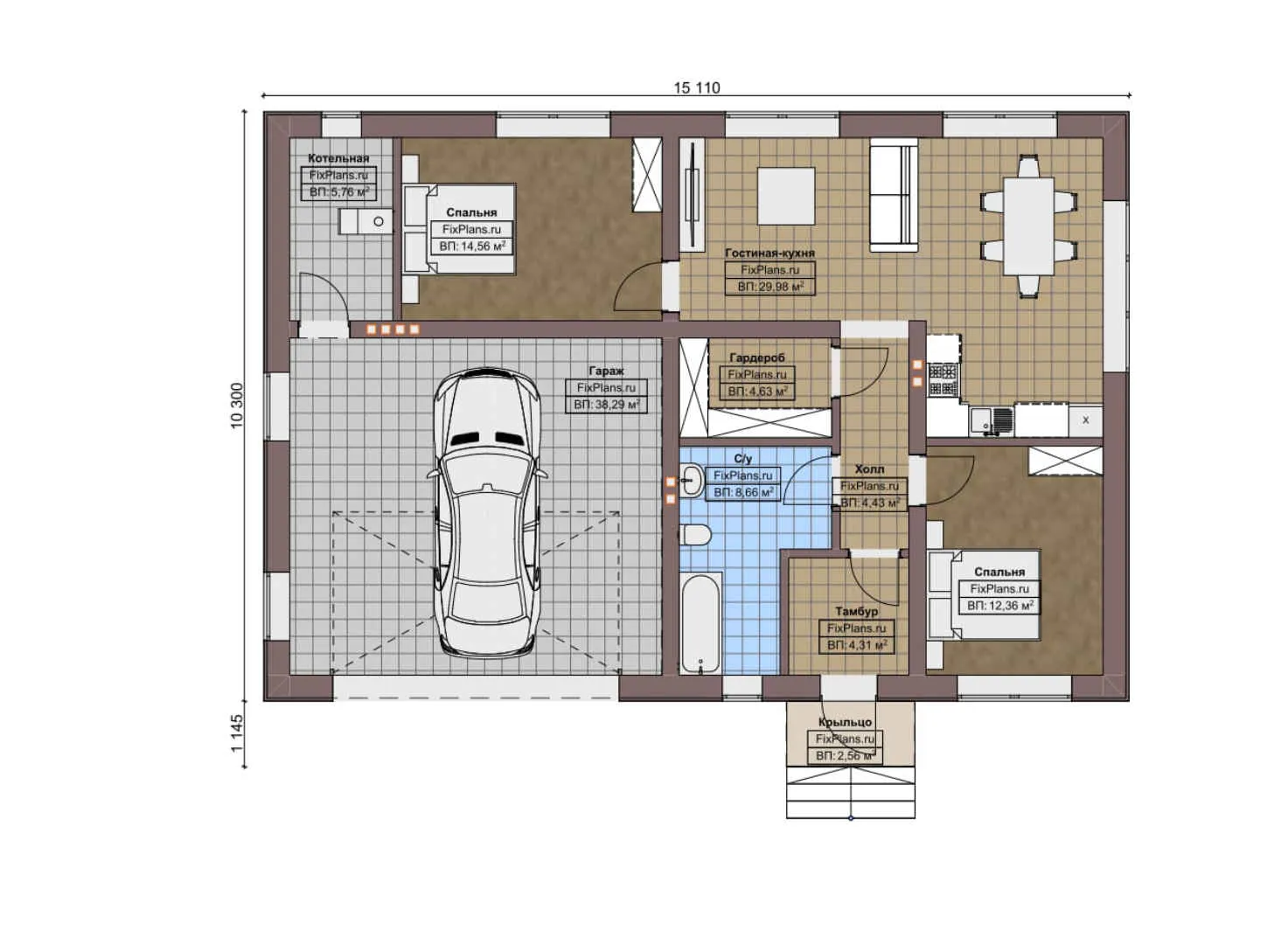 F-3635 - План одноэтажного дома 11 на 16, площадью 130 м² с гаражом на 2 машины и 2 спальнями