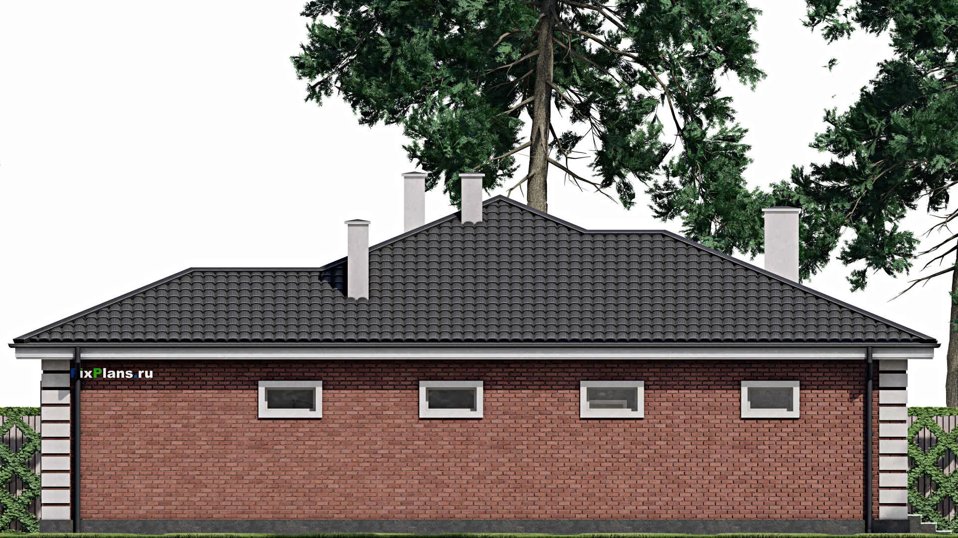 F-1205 - Проект одноэтажного дома 17 на 19, площадью 200 м² с террасой, баней, гаражом на 1 машину и 3 спальнями