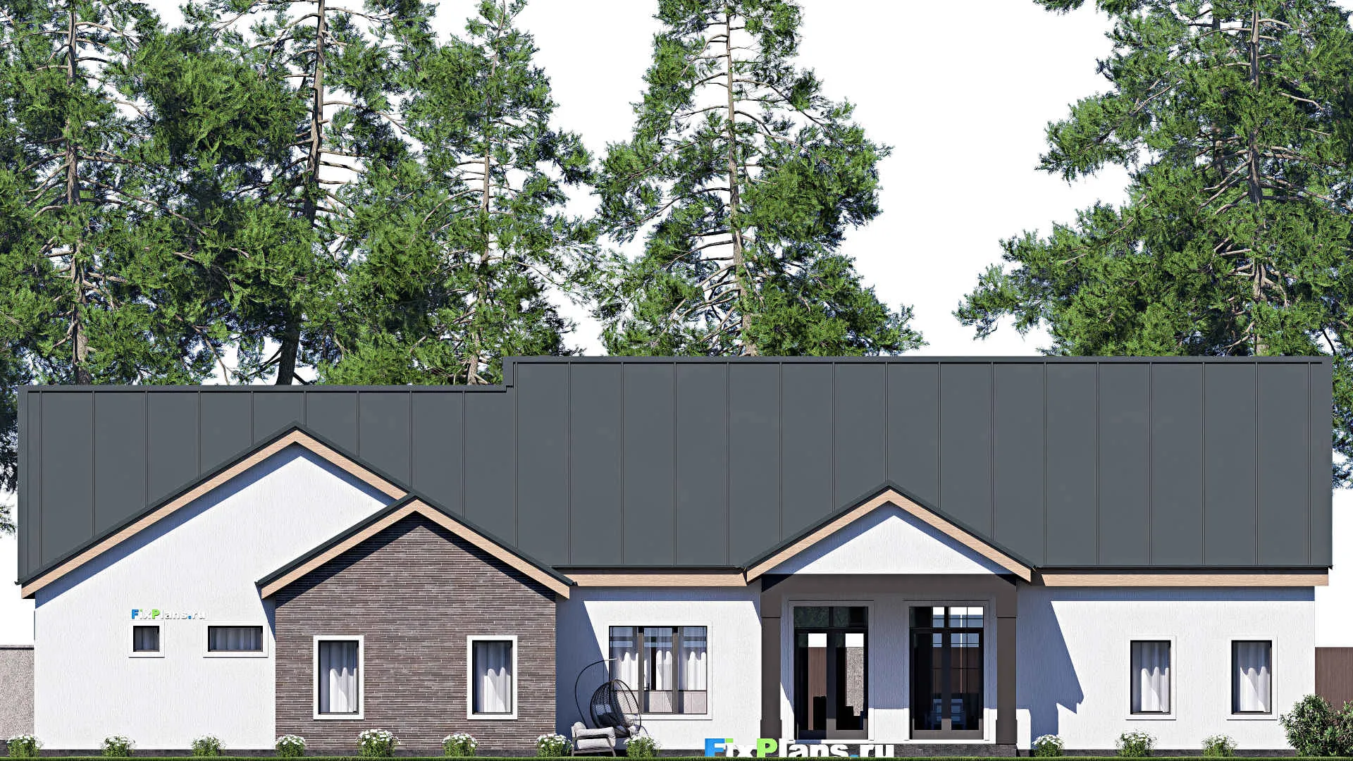 F-20672 - Проект одноэтажного дома 16 на 27, площадью 270 м² с террасой, гаражом на 2 машины и 3 спальнями