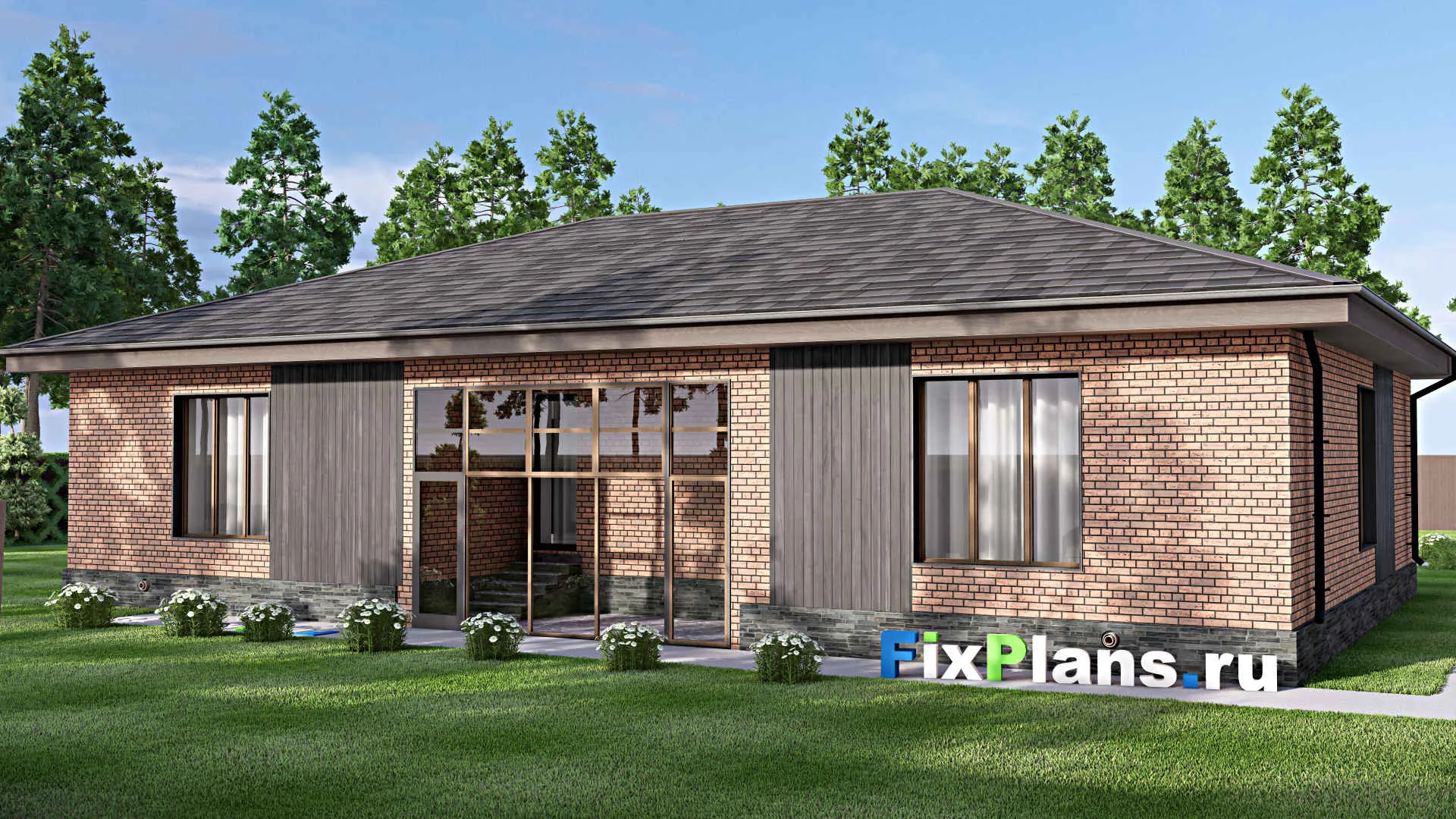 F-12806 - Проект одноэтажного дома 20 на 23, площадью 260 м² с террасой, гаражом на 2 машины и 4 спальнями