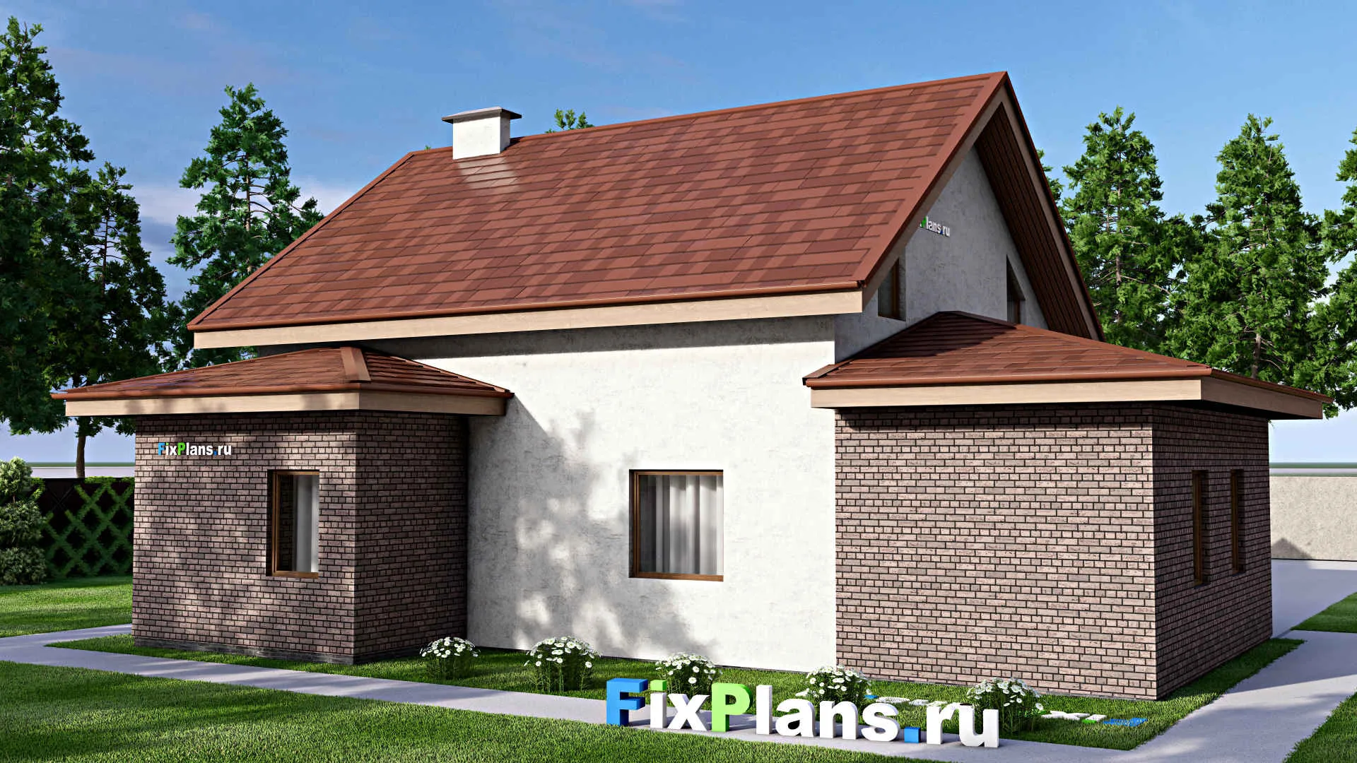 F-13148 - Проект дома с мансардой 13 на 15, площадью 230 м² с балконом, цокольным этажом, баней, гаражом на 1 машину и 2 спальнями