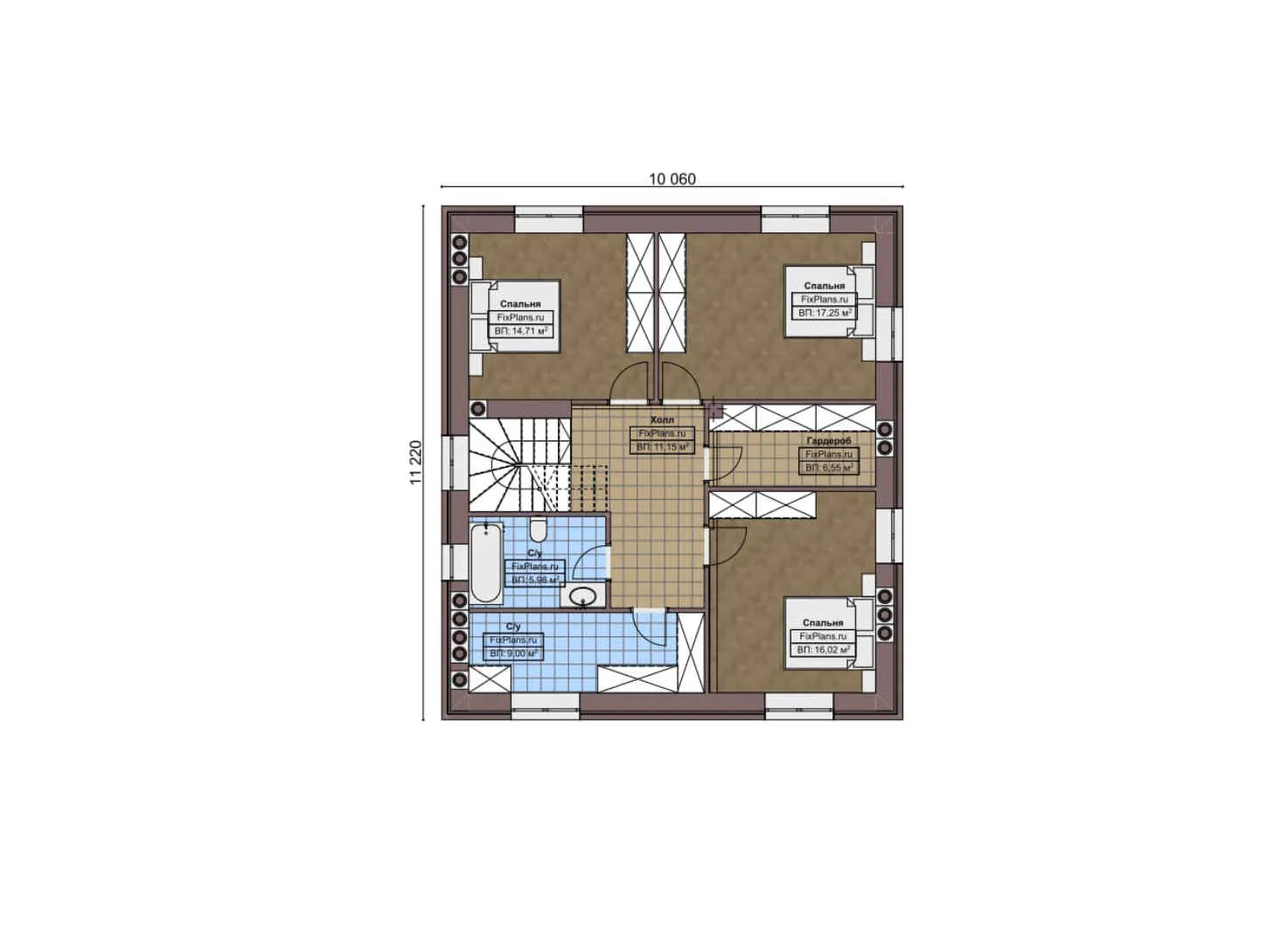 F-3230 - Планы двухэтажного дома 12 на 15, площадью 220 м² с террасой и 3 спальнями