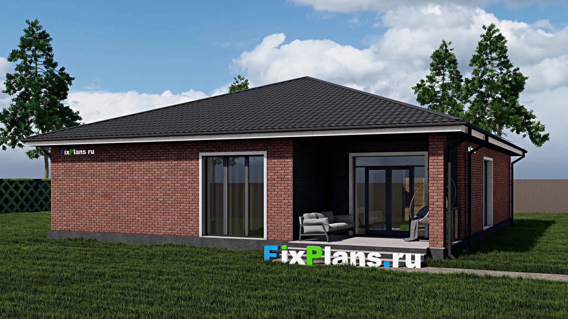 F-0602 - Проект одноэтажного дома 14 на 16, площадью 180 м² с террасой, гаражом на 1 машину и 3 спальнями