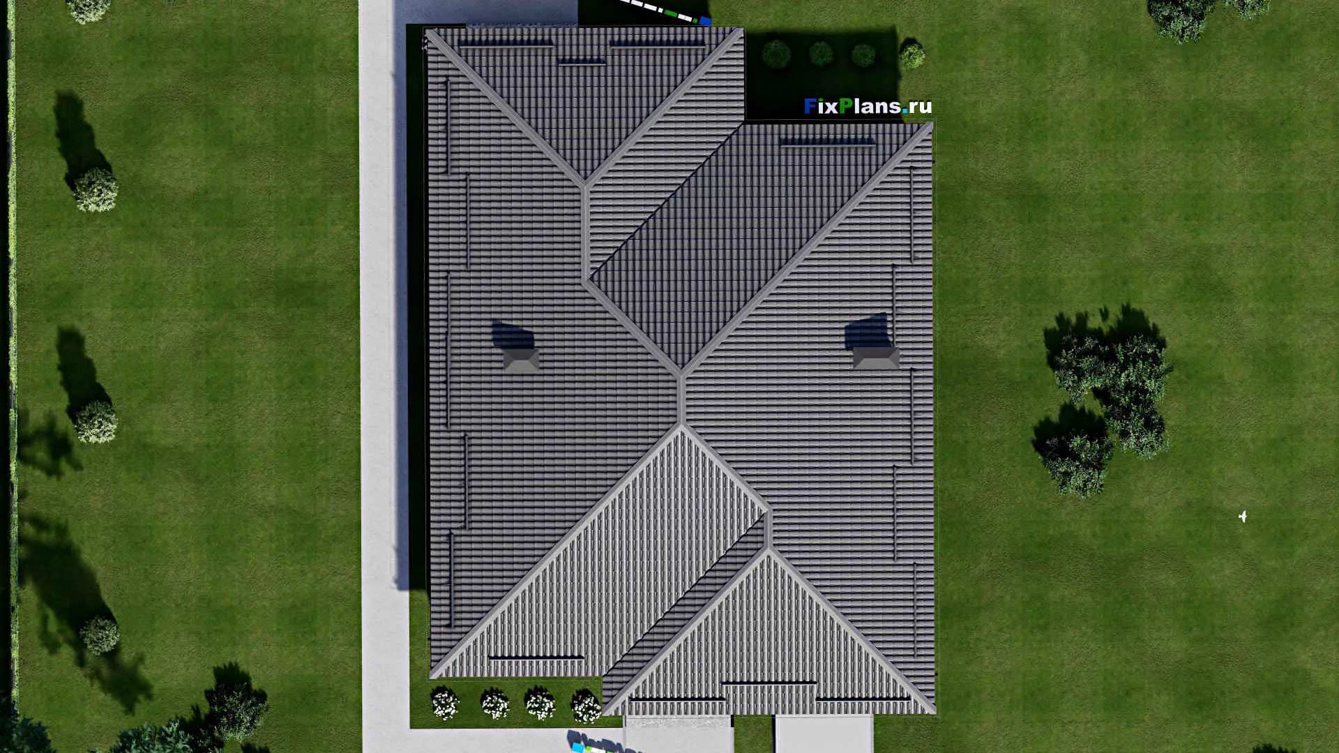 F-4310 - План одноэтажного дома 15 на 18, площадью 230 м² с террасой, баней, гаражом на 1 машину и 3 спальнями
