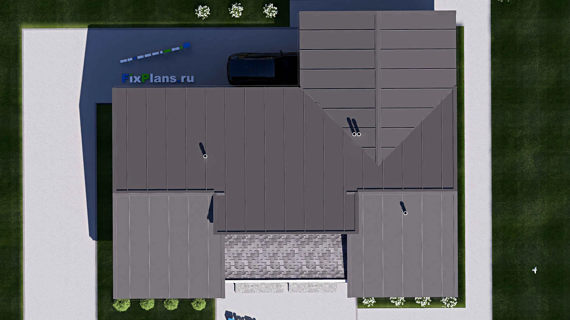 F-20393 - План одноэтажного дома 15 на 18, площадью 180 м² с террасой, гаражом на 1 машину и 3 спальнями