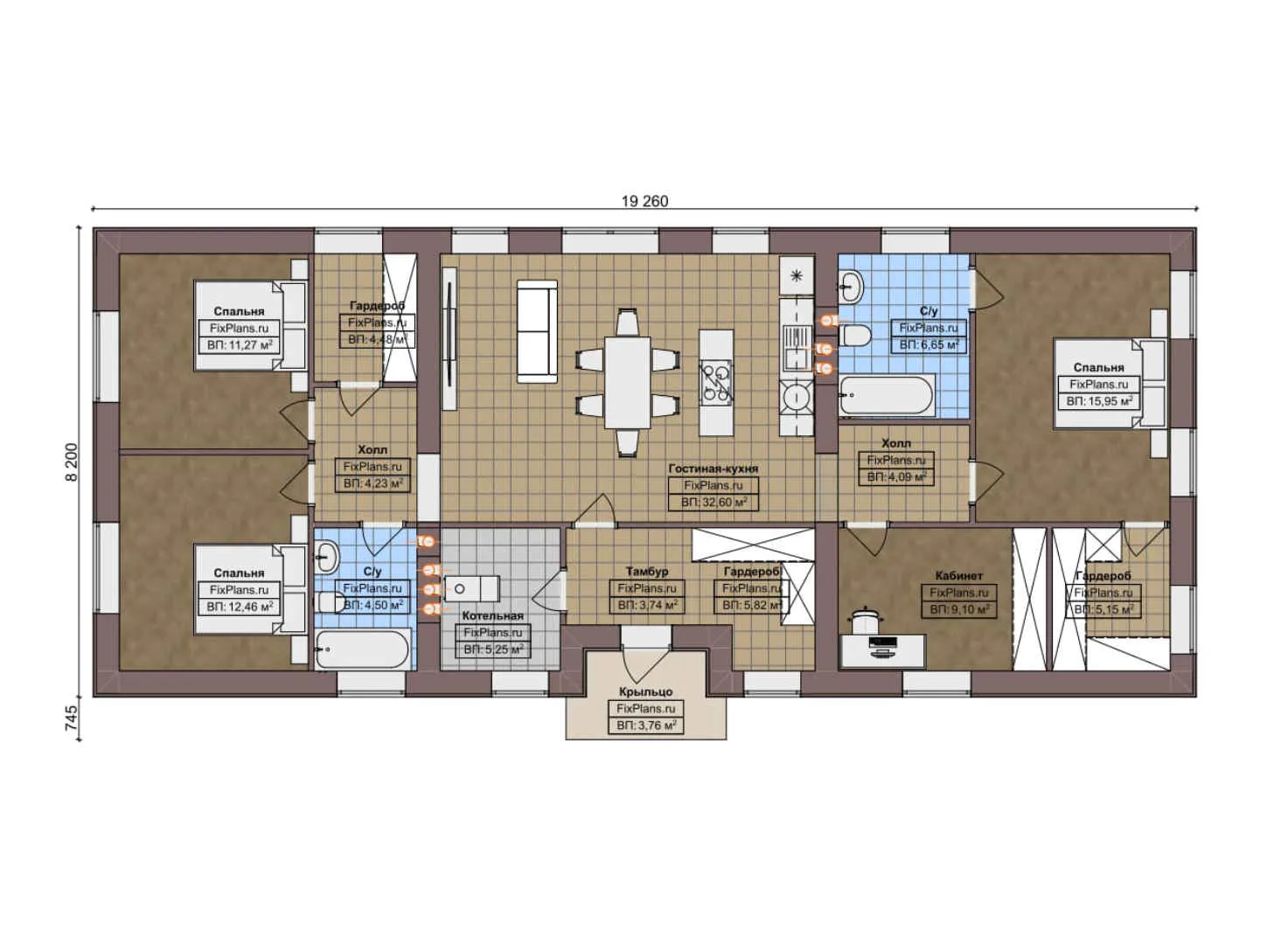 F-6416 - План одноэтажного дома 9 на 20, площадью 130 м² с 3 спальнями