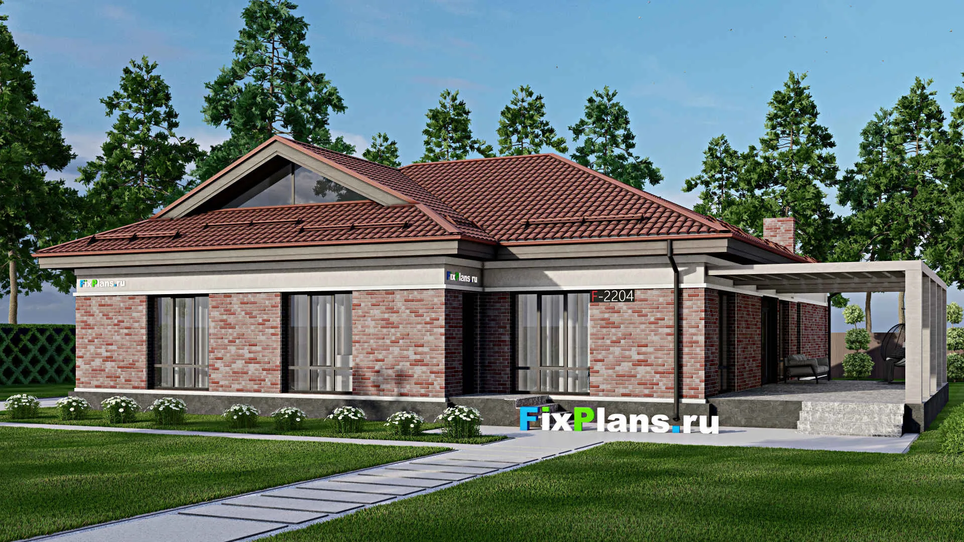 F-2204 - Проект одноэтажного дома 16 на 21, площадью 280 м² с террасой, гаражом на 2 машины и 3 спальнями