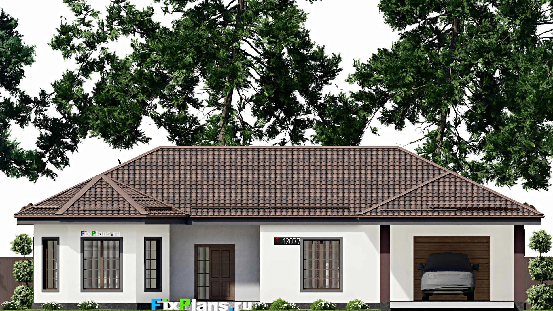 F-12077 - План одноэтажного дома 20 на 20, площадью 220 м² с террасой, гаражом на 2 машины и 2 спальнями