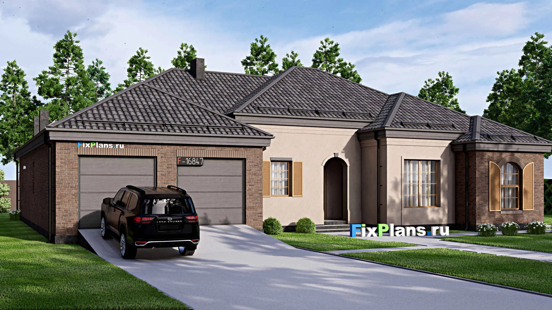 F-16847 - Проект одноэтажного дома 19 на 21, площадью 260 м² с террасой, гаражом на 2 машины и 4 спальнями
