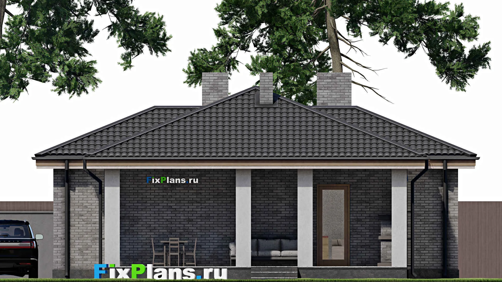 F-1700 - Проект одноэтажного дома 12 на 17, площадью 150 м² с террасой и 3 спальнями