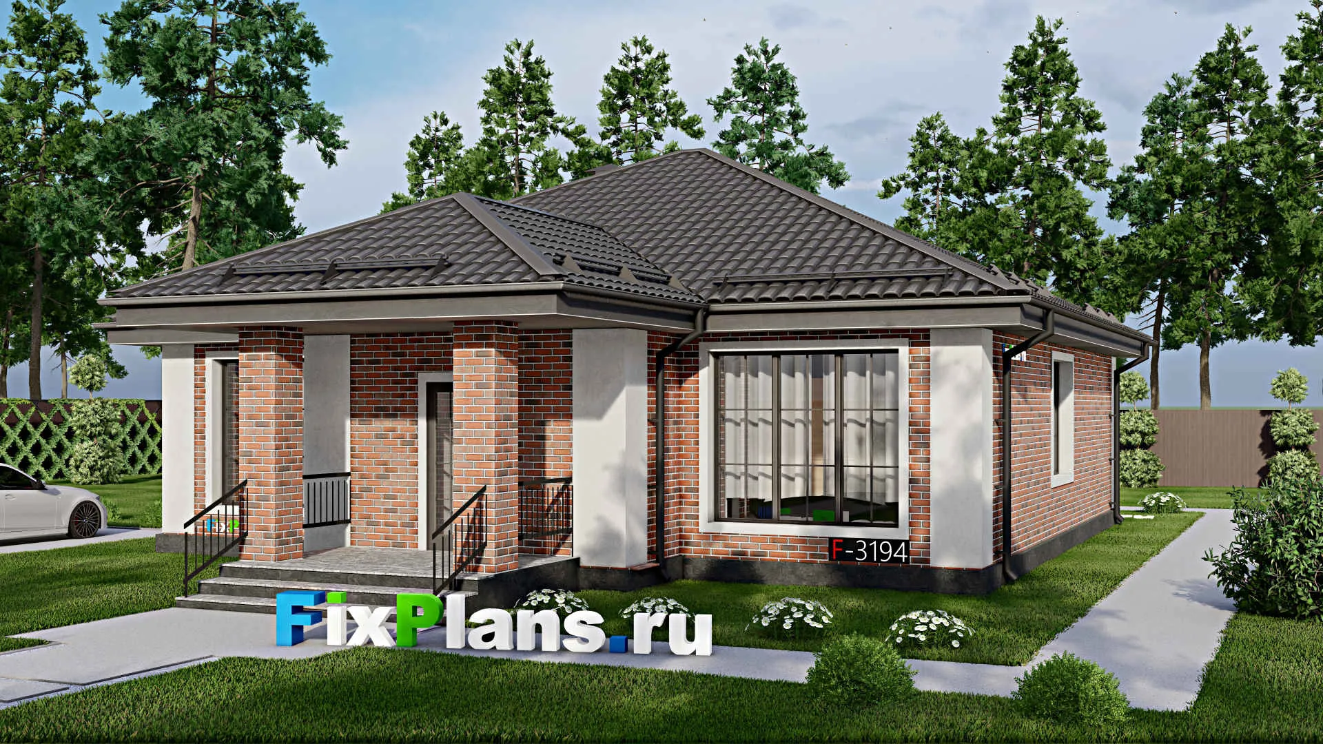 F-3194 - Проект одноэтажного дома 13 на 14, площадью 140 м² с террасой и 3 спальнями