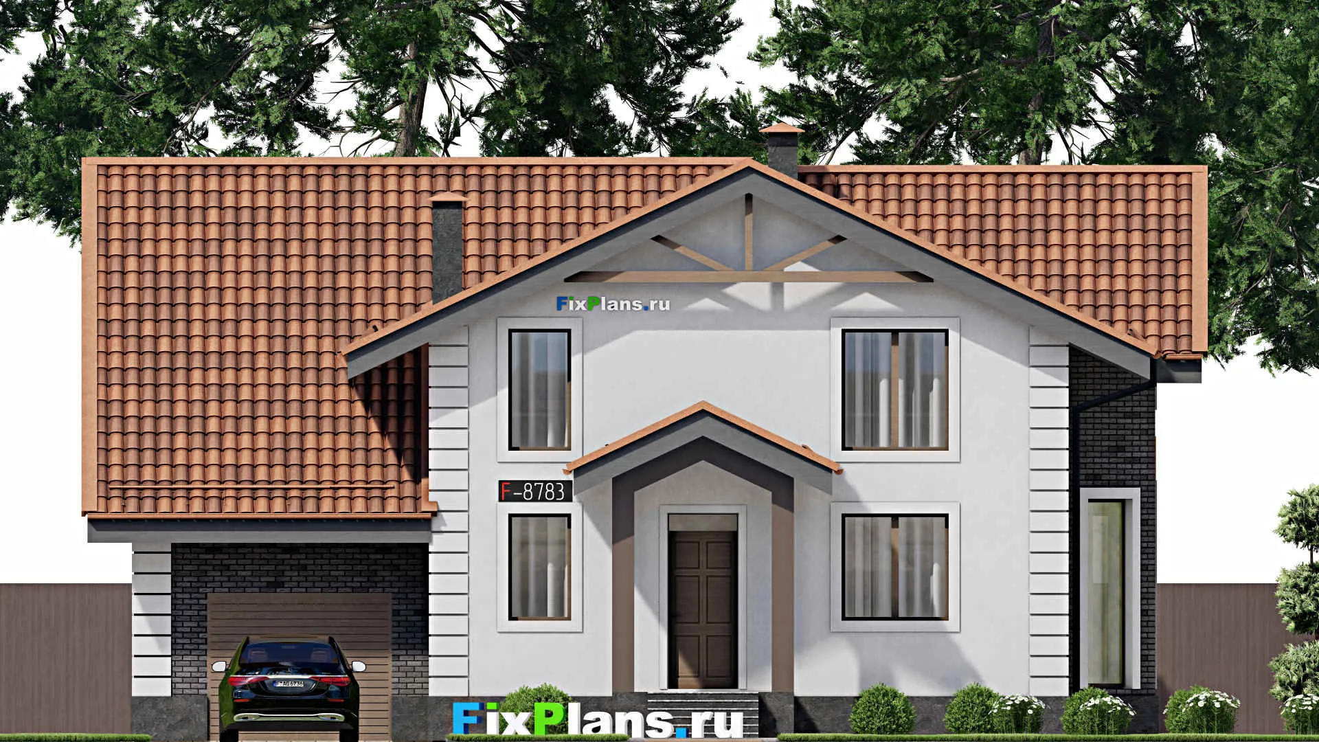 F-8783 - Проект дома с мансардой 14 на 16, площадью 250 м² с террасой, балконом, гаражом на 1 машину, спортзалом и 4 спальнями