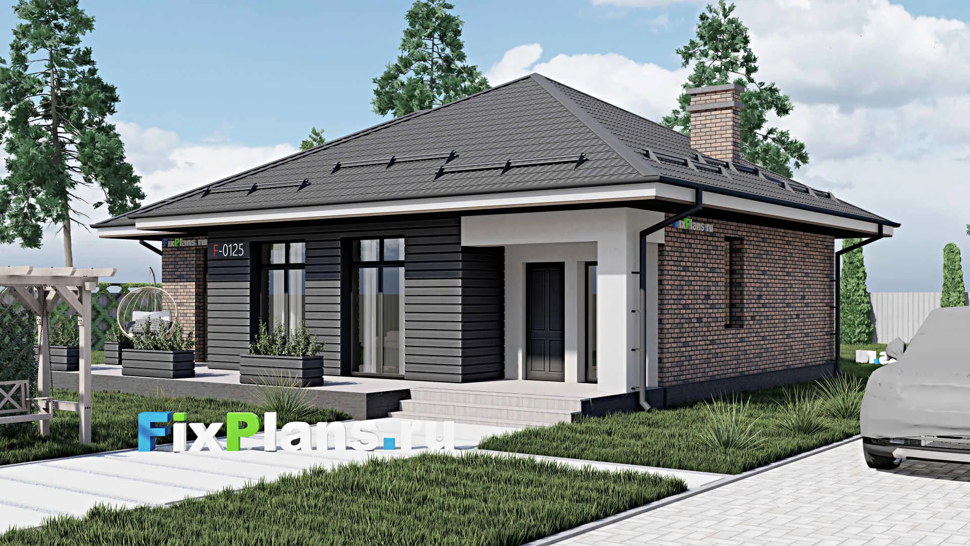 F-0125 - Проект одноэтажного дома 13 на 15, площадью 140 м² с террасой и 3 спальнями