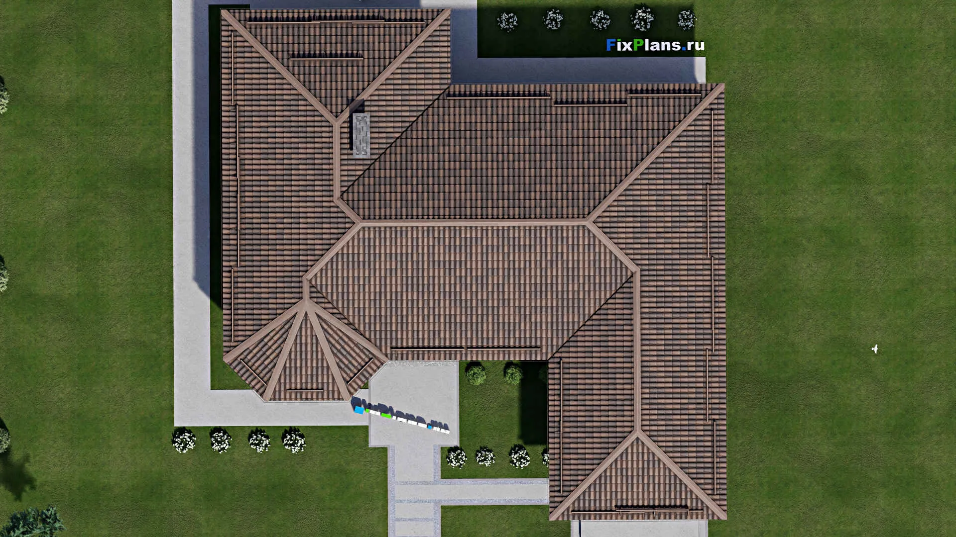 F-12077 - План одноэтажного дома 20 на 20, площадью 220 м² с террасой, гаражом на 2 машины и 2 спальнями