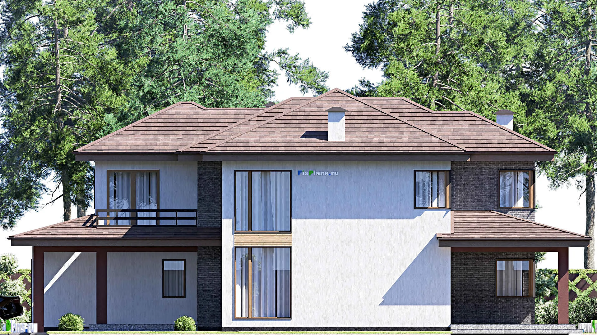 F-17252 - Проект двухэтажного дома 13 на 21, площадью 280 м² с террасой, балконом, баней, гаражом на 2 машины и 3 спальнями